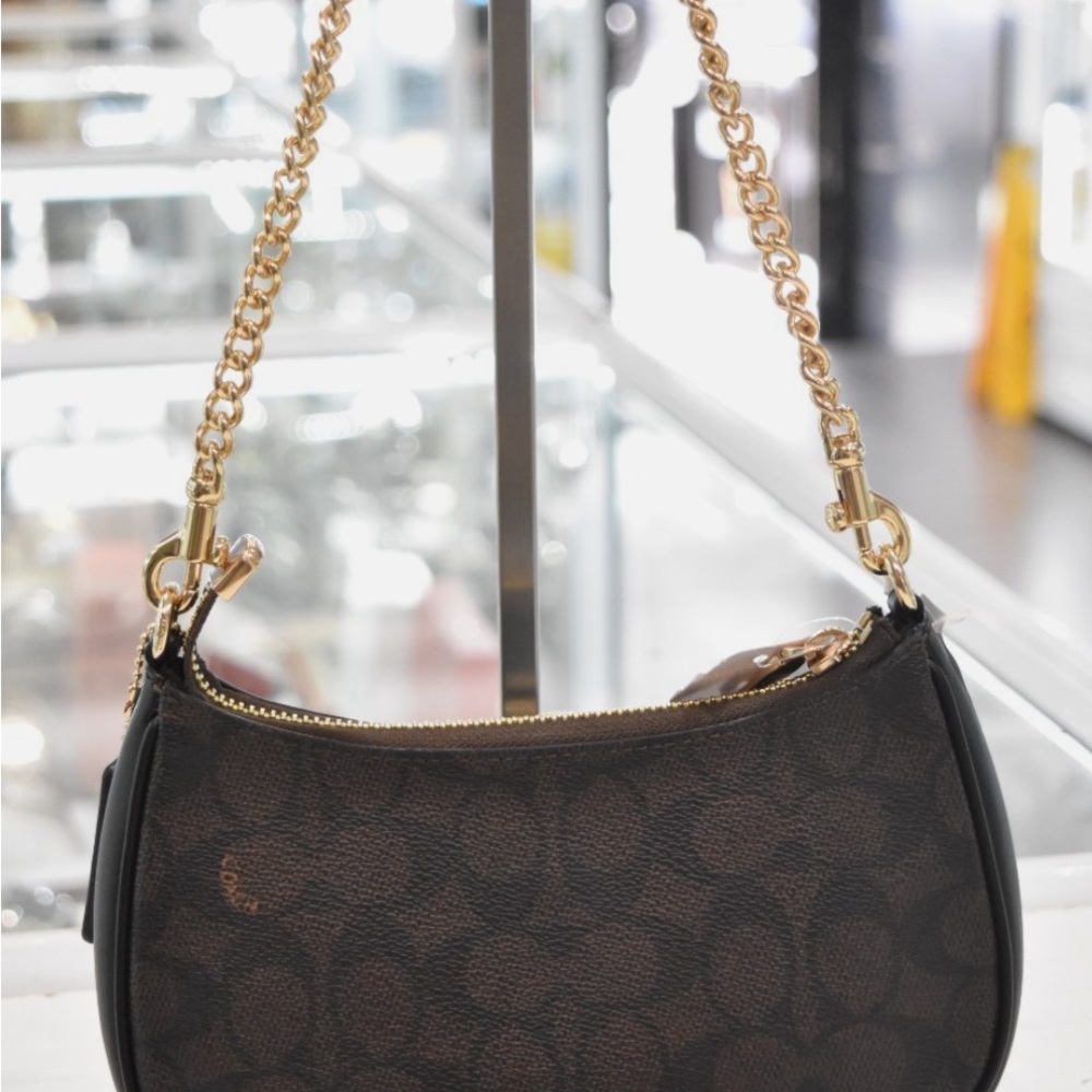 Coach Signature Canvas Gold/Walnut/Black Mini Teri Shoulder Bag - Picture 8 of 14